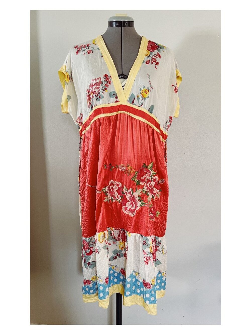 Johnny Was Sz S Silk Floral Kaftan Midi Dress Drawstring Waist A Line